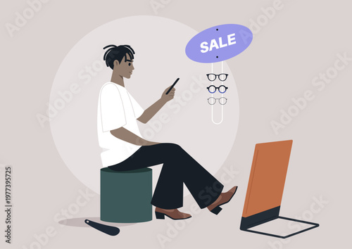 Excitement fills the air as a person tries on stylish shoes at a trendy boutique fitting room