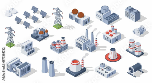 Collection of isometric industrial buildings and power generation elements, including solar panels, power lines, factories, and power plants.