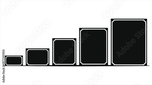 Minimalist Black and White Vector Illustration of Rectangular Frames and Borders Increasing in Scale to Represent a Professional Creative Video Production Pipeline and Digital Media Workflow Stages
