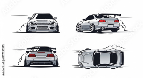 Four views of a custom sports car with a large spoiler.