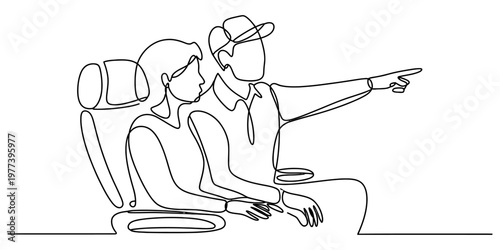 Continuous line drawing of a man and a woman sitting together in seats while pointing at something Vector, illustration