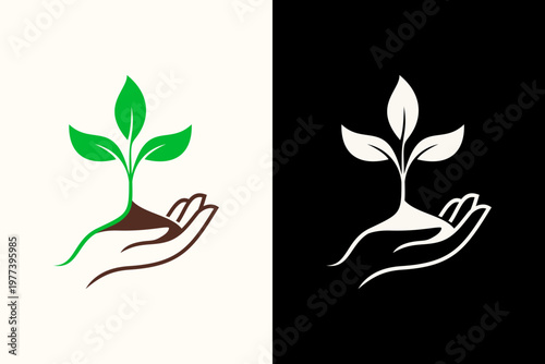 Minimalist Hand Holding Plant Logo: Elegant Green Sprout and Soil Vector Design for Eco, Nature, and Growth Brands