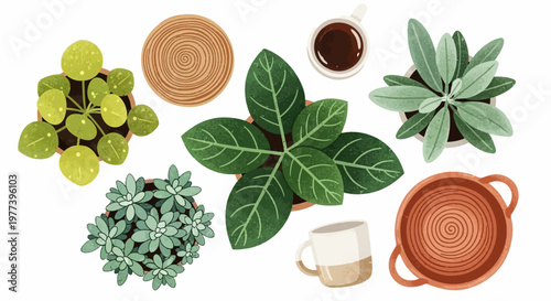 Cozy home interior with potted plants and a coffee mug, top-down view of a serene domestic setting with natural elements and beverage