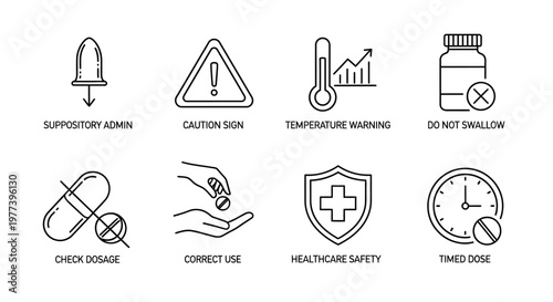 Medical icons representing healthcare safety, dosage, and temperature warnings