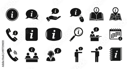 Set of Information Icons Phone, Location, Calendar, Magnifying Glass, and More for User Guidance and Support
