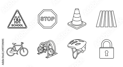 Road safety and cycling icons, including traffic signs, bike racks, helmets, and pedestrian crossings for safe urban travel