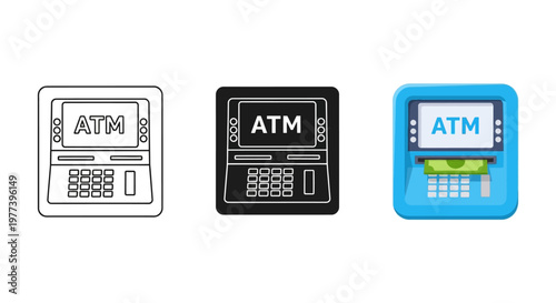 ATM machine icons set for withdrawal and deposit services online banking and financial transactions