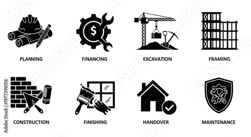 Construction and Home Building Process Icons From Planning to Maintenance