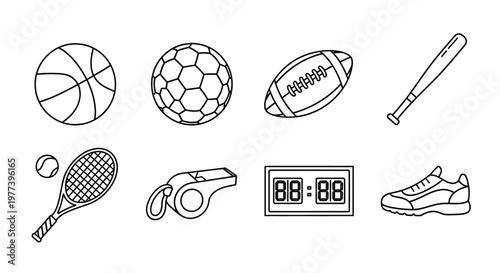 Collection of sports equipment icons, including a basketball, soccer ball, football, baseball bat, tennis racket, whistle, scoreboard, and running shoe