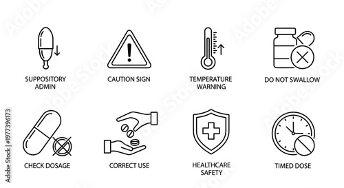 Medical icons illustrating pharmaceutical advice, healthcare safety, and dosage instructions for medications