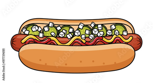 Delicious Cartoon Hot Dog with Toppings, Mustard, Ketchup, and Bun