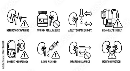 Medical Icons Illustrating Kidney Health Issues and Treatments Like Nephrotic Syndrome and Dialysis