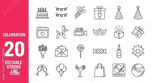 Collection of editable stroke line icons for celebration events, parties, and holidays, featuring cake, gifts, balloons, and confetti