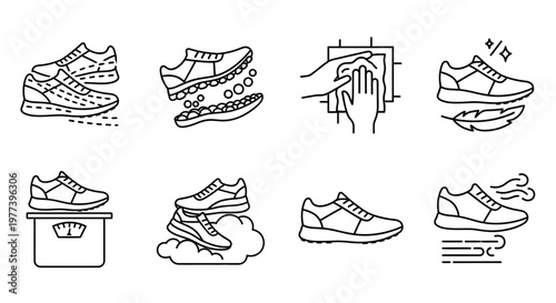 Collection of icons depicting various aspects of shoe care and athletic footwear