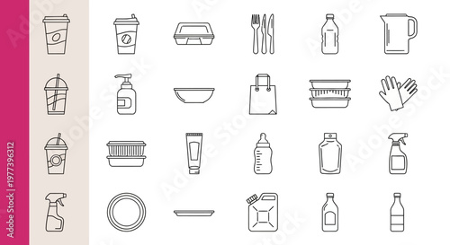 Collection of line art icons representing various disposable products and everyday items, perfect for illustrating sustainability and consumerism concepts