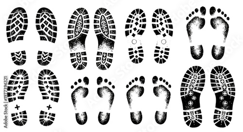 Collection of Various Footprint and Shoe Sole Imprints Isolated on White Background
