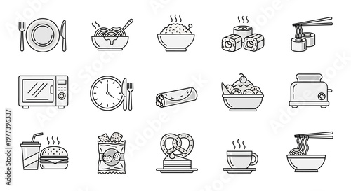 Set of minimalist food and drink icons representing various meal types and kitchen appliances, perfect for a digital menu or culinary blog