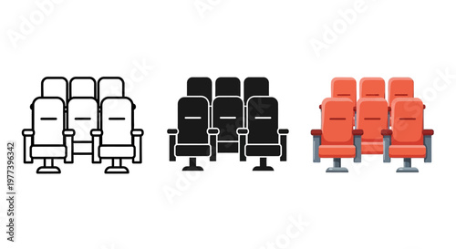 Collection of three different icons representing rows of cinema or theater seats in various artistic styles, perfect for digital and print media