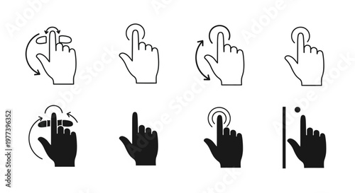 Comprehensive Set of Touch Screen Hand Gesture Vector Icons for Digital Interface Interaction and User Experience