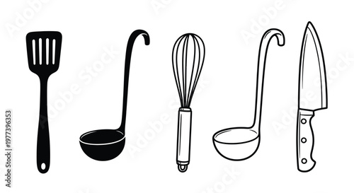 A collection of kitchen utensils presented as a dark silhouette