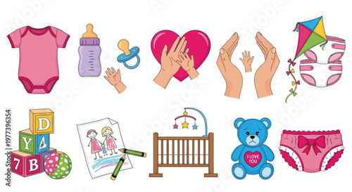 A Collection of Baby Items, Including Clothing, Toys, and Nursery Furniture