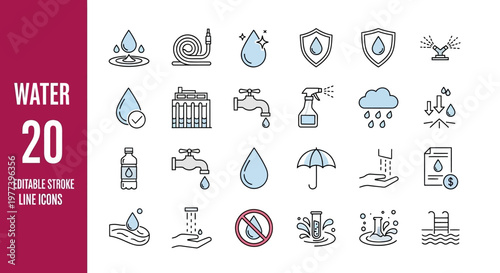 Editable Stroke Line Icons for Water Conservation and Fluid Management