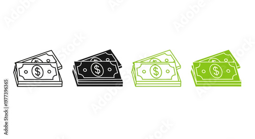 Money Icons Set - Stack of Cash, Financial Symbols, Currency Notes, Wealth and Investment Graphics