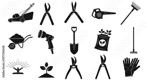 Collection of gardening tools for lawn care and plant cultivation, featuring a mower, shears, spade, and rake for outdoor maintenance