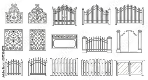Collection of decorative and functional wrought iron fence and gate designs for property boundaries and security