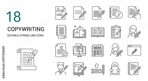 18 Copywriting Editable Stroke Line Icons Set Illustrating Writing, Editing, SEO and Marketing Concepts