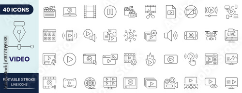 Video icon set in outline style. Editable stroke. Vector icon collection.