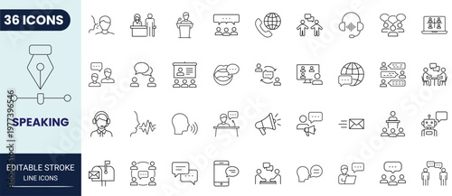 Speaking icon set in outline style. Editable stroke. Vector icon collection.