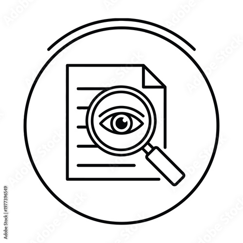 Magnifying glass examining document with eye on paper closeup