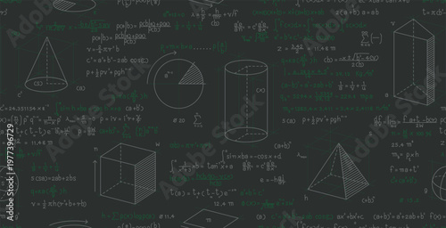 Seamless geometric formulas and shapes on a blackboard.