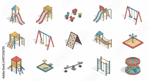 Collection of isometric playground equipment, including slides, swings, and climbing structures, on a white background.