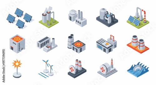 Collection of isometric icons representing various types of energy production facilities and renewable energy sources.