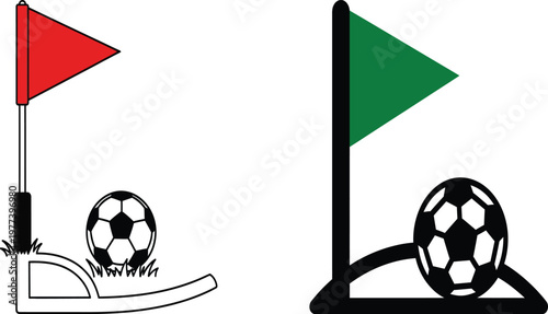 Golf and soccer flags with balls on golf holes