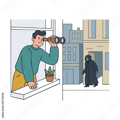 Man with binoculars observes mysterious figure from window.