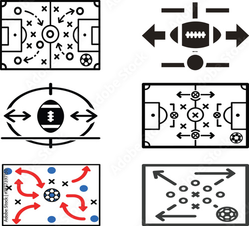 Collection of American football and soccer play strategy diagrams
