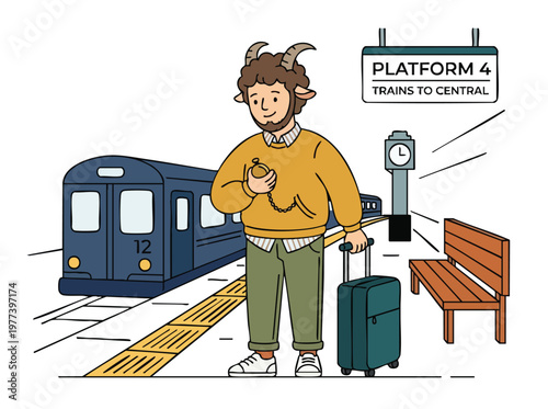 Man with goat head waiting for train.