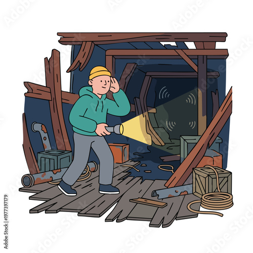 Man with flashlight exploring dark abandoned building.