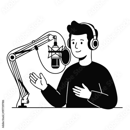 Man with Headphones Recording Podcast with Microphone 1.
