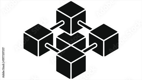 Decentralized Blockchain Technology Icon with Connected 3D Cubes. Minimalist Graphic Illustration for Cryptocurrency, Data Security, Distributed Ledger, Digital Network, and Fintech Solutions.