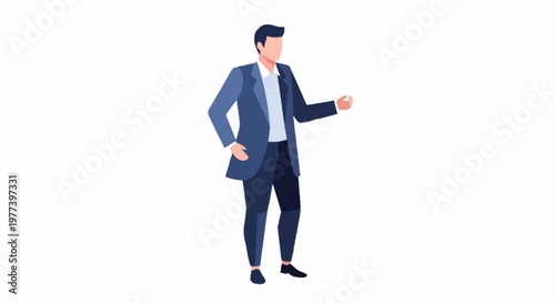 A man in a dark blue suit standing confidently with his hand slightly raised.