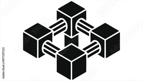 Abstract 3D Blockchain Icon of Interconnected Black Cubes on White Background. Decentralized Network, Digital Technology, Data Link, Crypto Infrastructure, and Cybersecurity Concept Graphic