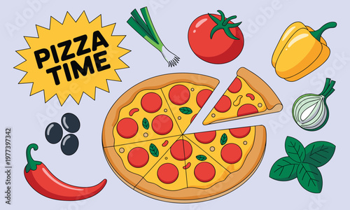 Cartoon-style pizza with toppings and celebration pepperoni