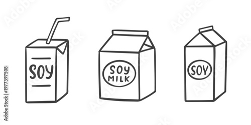 Vegan milk carton icon set doodle outline sketch