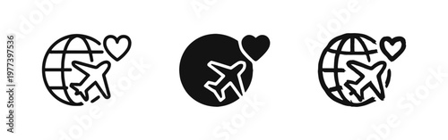 Airplane globe and heart icons in different styles representing honeymoon and travel for love