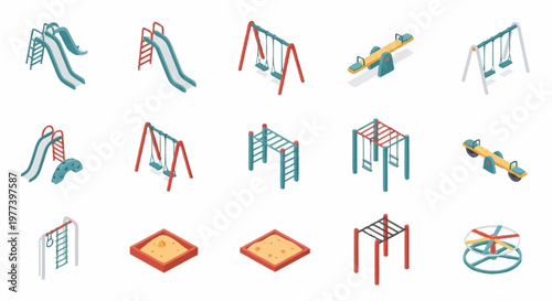 Collection of isometric playground equipment icons and illustrations, including swings, slides, and sandboxes.