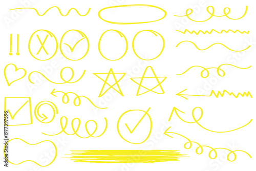 Line pen hand drawn marker stroke underline check mark emphasis. Line marker highlight, arrow, check mark set. Star oval sticker sign note scribble emphasis icon element.